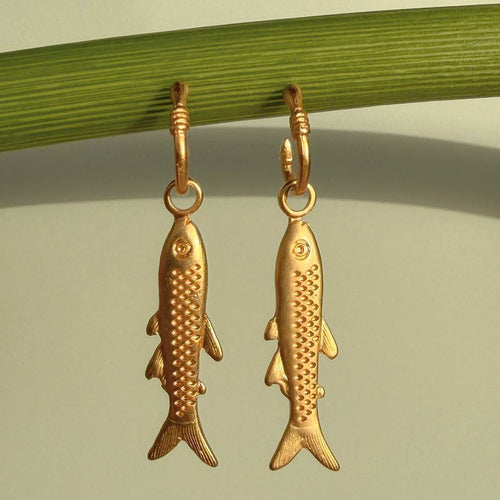 Gold fish-shaped earrings on a light green background