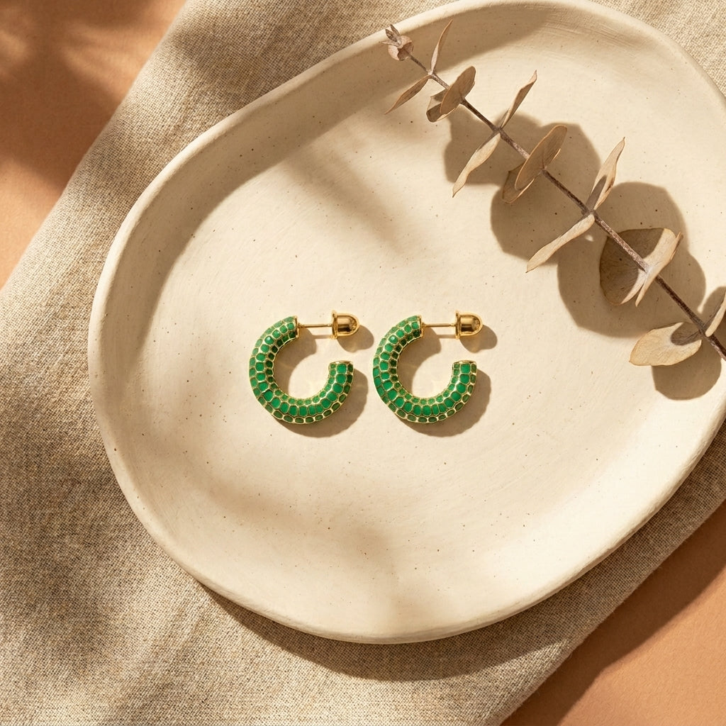 Textured Green Enamel Hoops